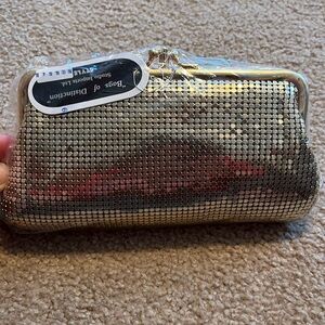 Lyrella gold vintage purse with tri clasp and two compartments in sealed bag